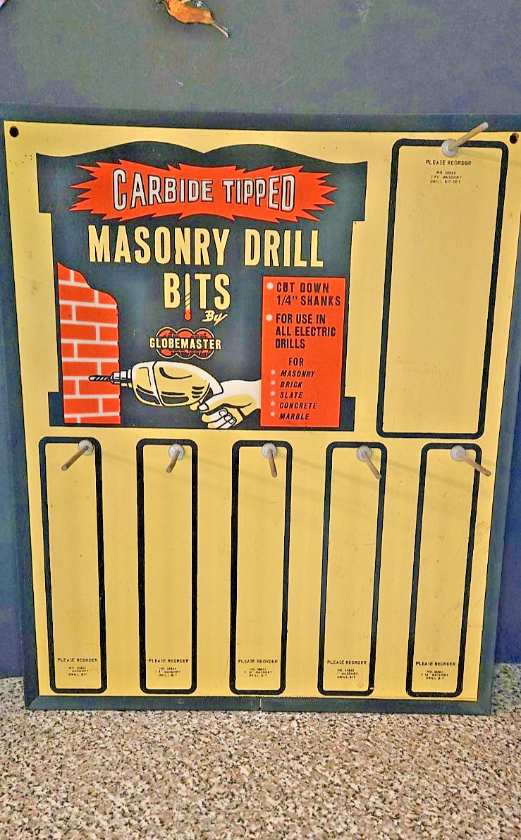 RARE VINTAGE 6o’s GLOBEMASTER DRILLBIT HARDWARE STORE DISPLAY SIGN