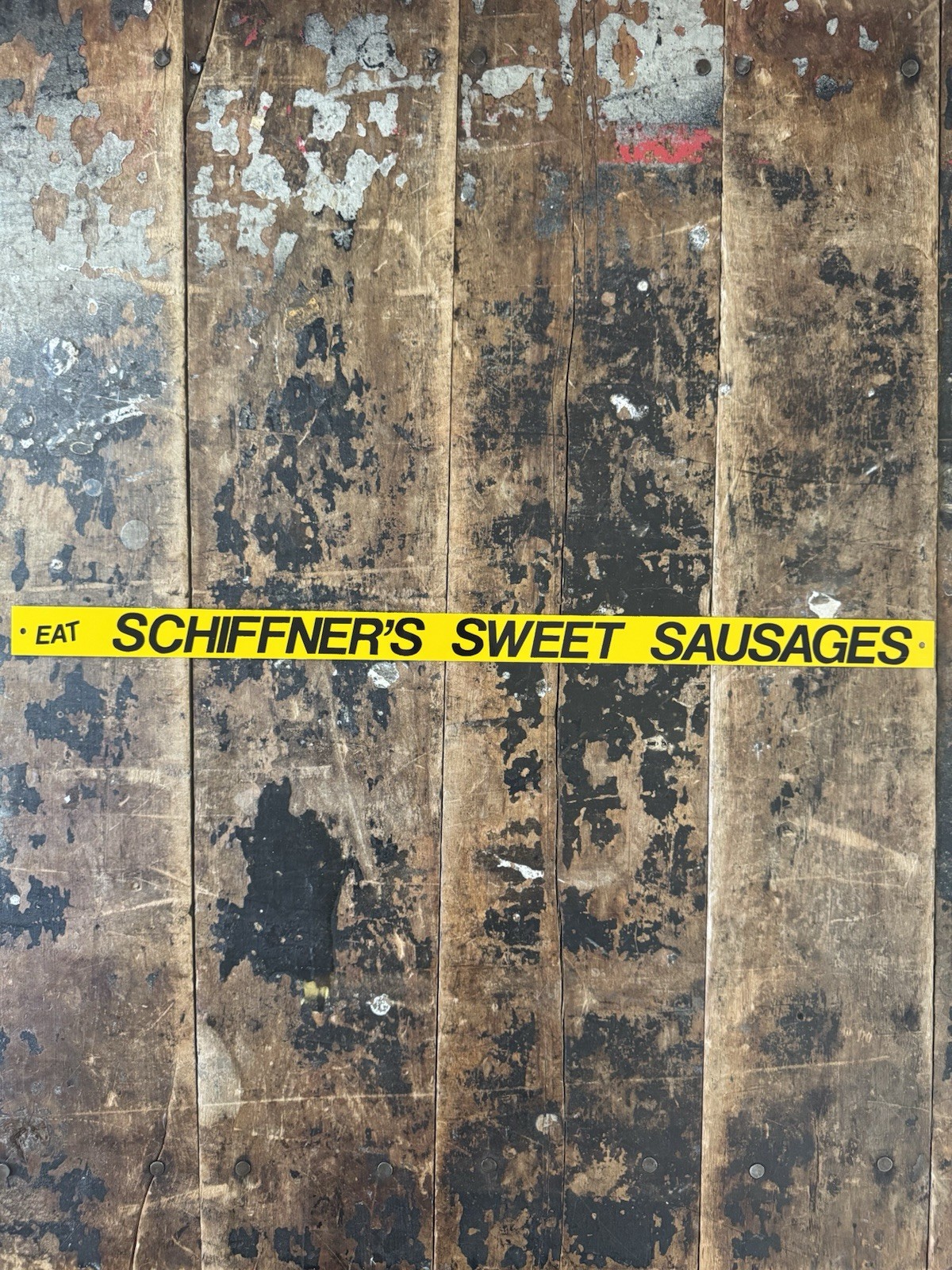 Eat Schiffner’s Sweet Sausages Tin Tacker Advertising Sign Meat Butcher Grocery