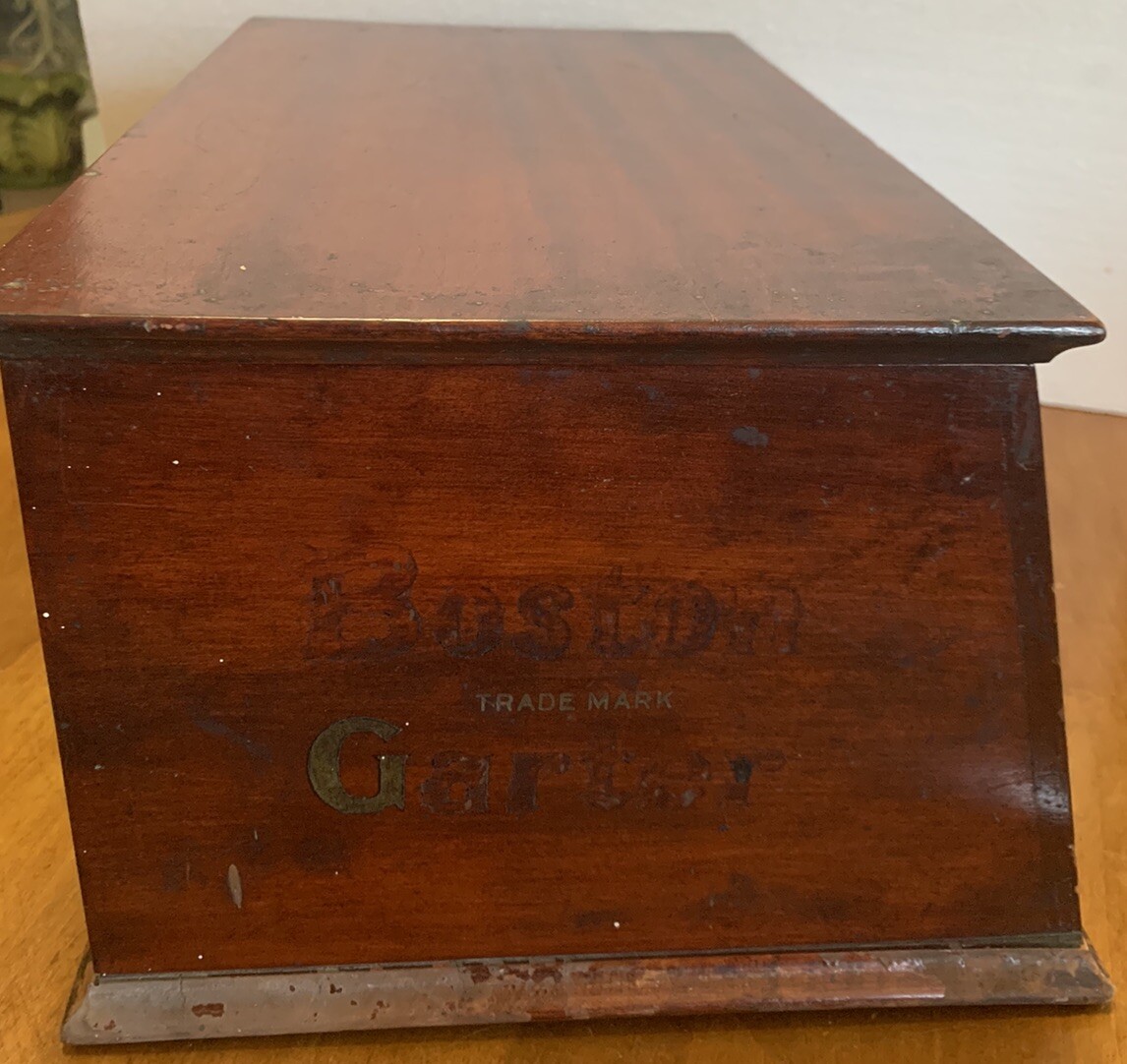 Antique Boston Garter Store Display Cabinet Advertising Case Mahogany 14x11x8”