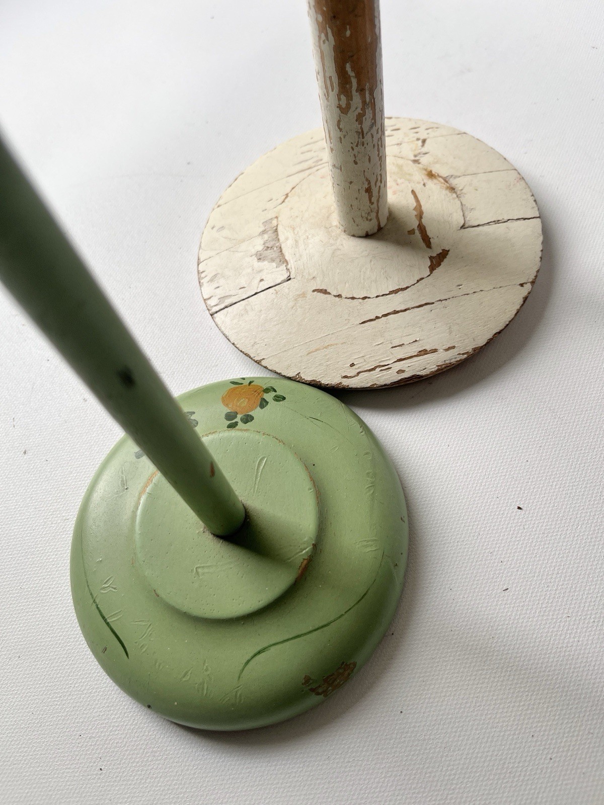 Lot of 2 Vintage Painted Green/White Shabby Wooden Hat Stand Millinery Display