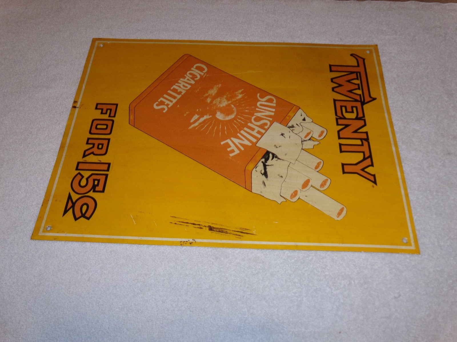 VINTAGE TWENTY SUNSHINE CIGARETTES FOR 15 CENTS 18″ X 13 3/4″ METAL TOBACCO SIGN