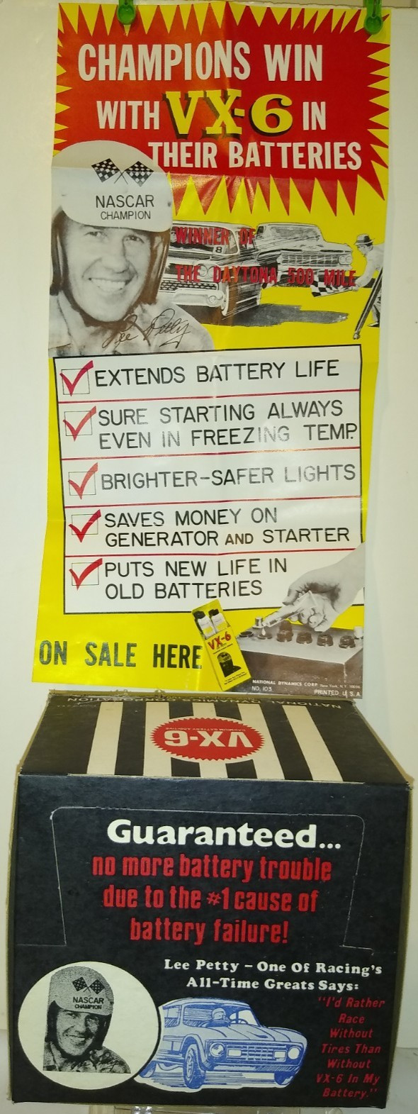 NOS 1950’S LEE PETTY CASE VX-6 BATTERY ADDITIVE STORE COUNTER DISPLAY & POSTER