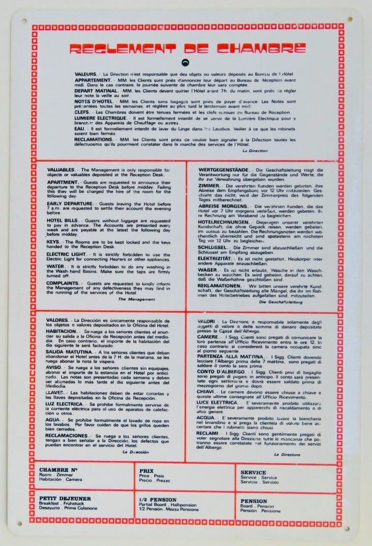 PLAQUE DE RÈGLEMENT D’HÔTEL ANNÉES 1960