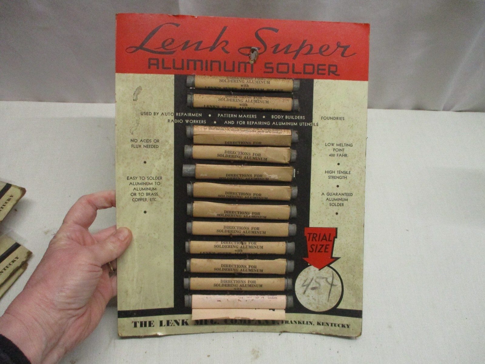 LENK SUPER ALUMINUM SOLDER ~ RARE STORE DISPLAY TRIAL SIZE ~ FRANKLIN KENTUCKY
