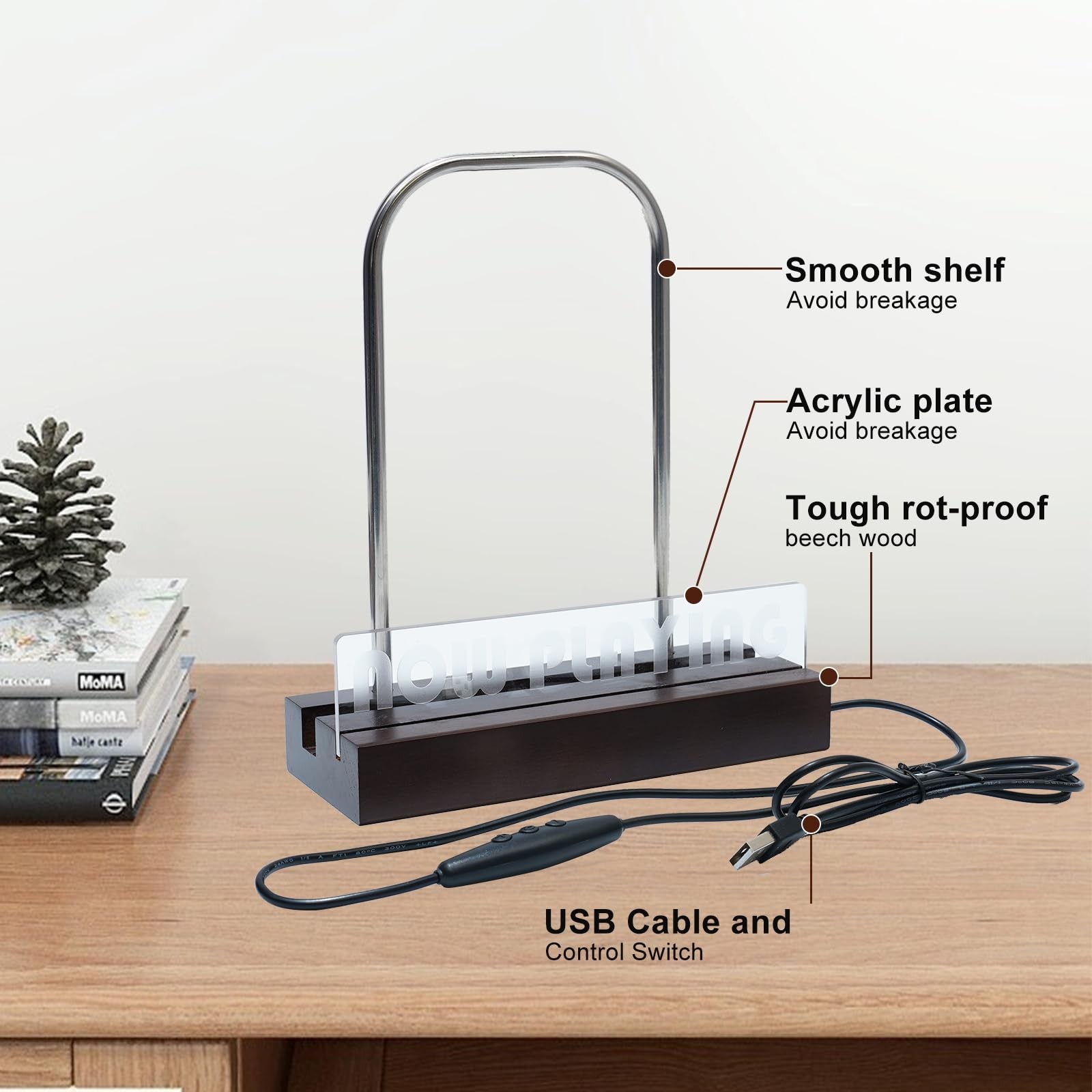 ZEDKEHO Now Playing Vinyl Record Stand – LED Light Brown