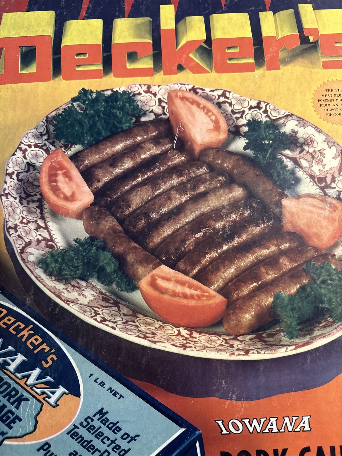Vintage Decker’s Iowana Pork Sausage Sign NRA Rare Antique Store Display Sign