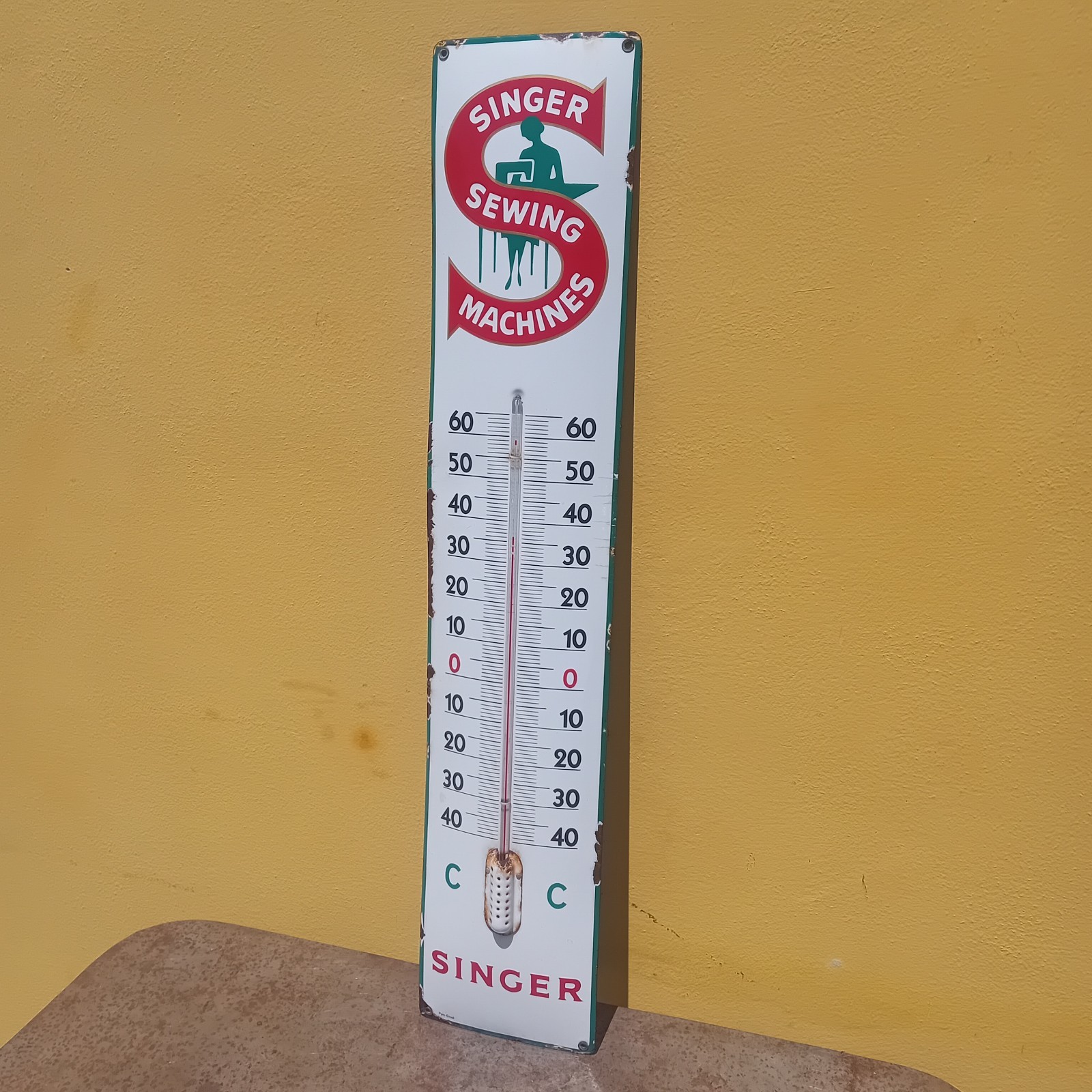 Singer Enamel Thermometer Table Sign