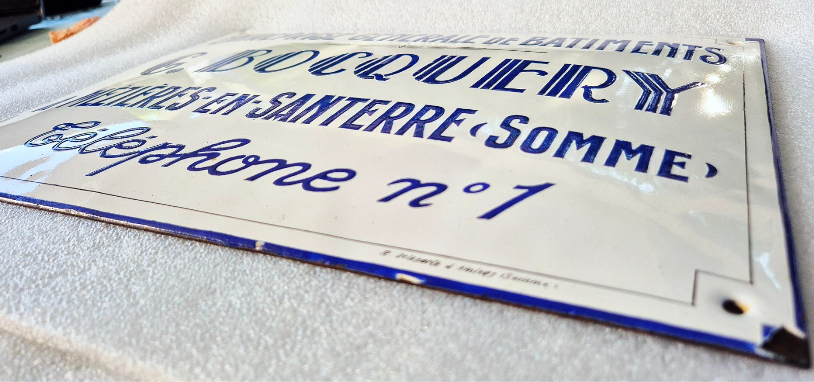 RARE domed utility enamel plaque – BOCQUERY – Somme – Art Deco – 35x25cm