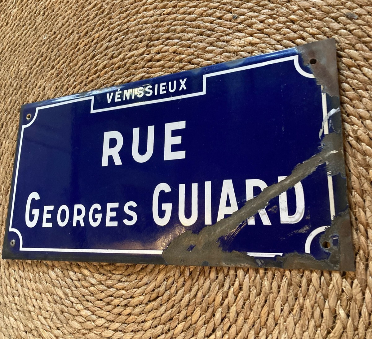 Antique blue enamelled street plaque “Rue George Guiard” Venissieux.