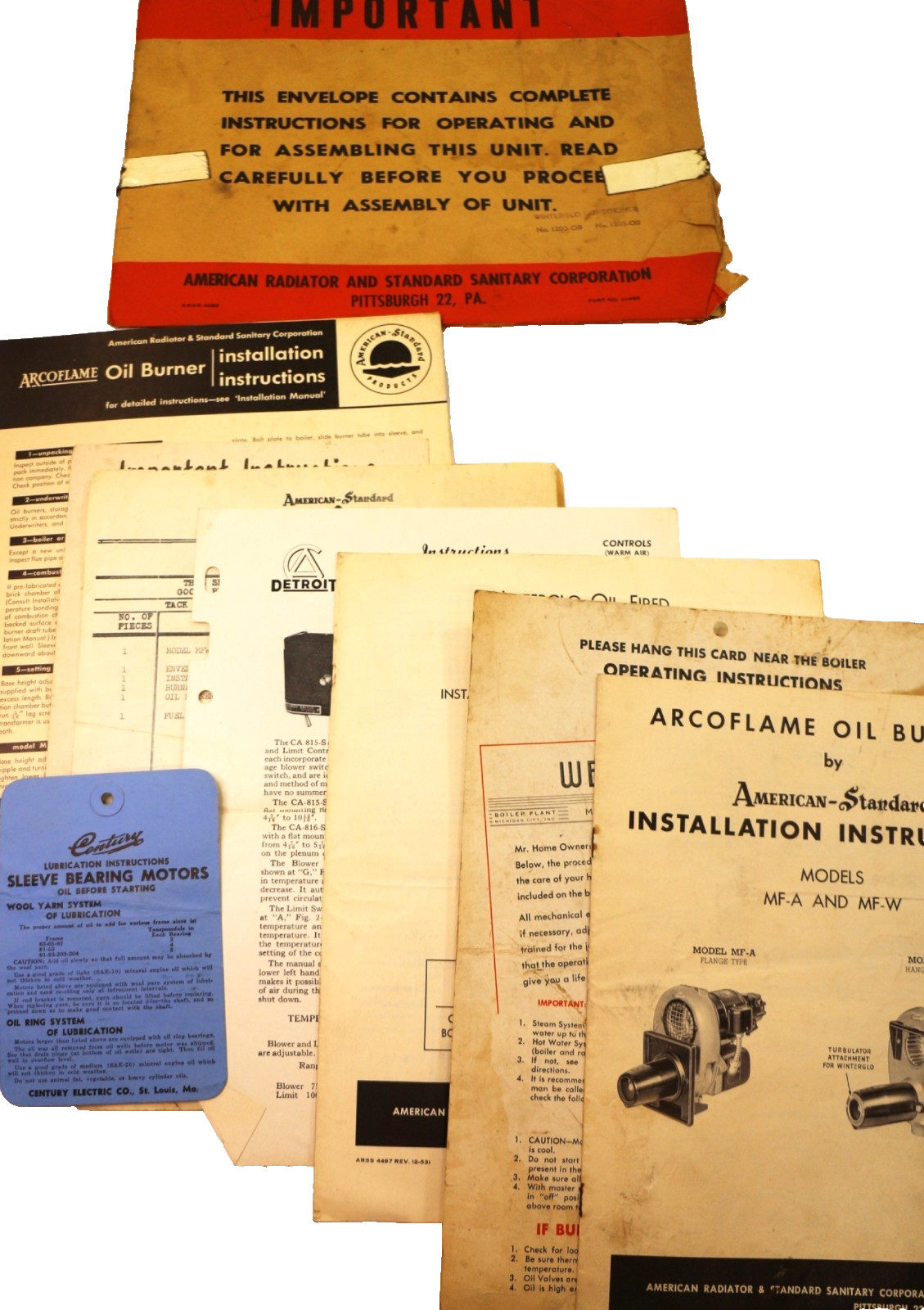 Lot of 9 American Standard Oil Burner Air Conditioner Heater Pamphlets 1950