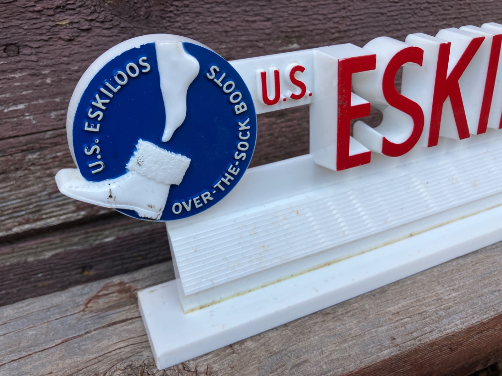 VTG ESKILOOS BOOTS SHOES CLOTHING COUNTER TOP SHELF SIGN KIRBY STORE DISPLAY