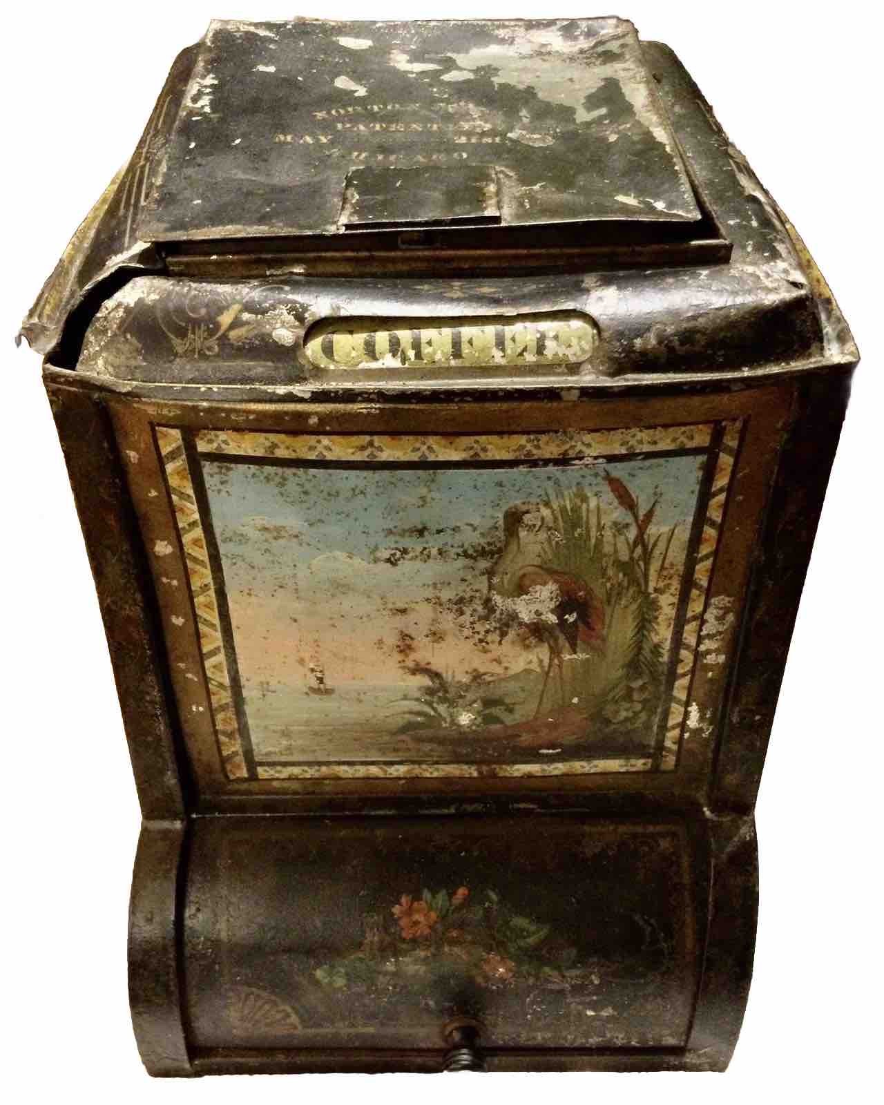 ANTIQUE 1880 NORTON BROS CHICAGO GENERAL STORE COUNTER TIN BIN DISPENSER➕MARQUEE