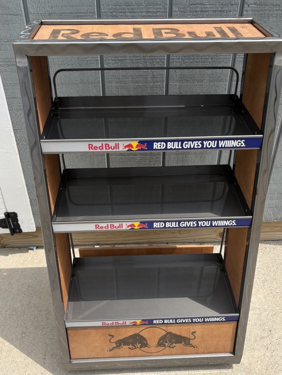 RED BULL – RETAIL DISPLAY SHELF – WOOD AND BRUSHED METAL UNIQUE **BRAND NEW**