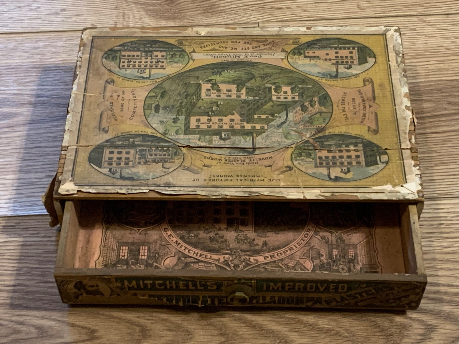 Late 1800s Mitchell’s Perforated Plaster Wood Advertising Drawer Box Drugstore