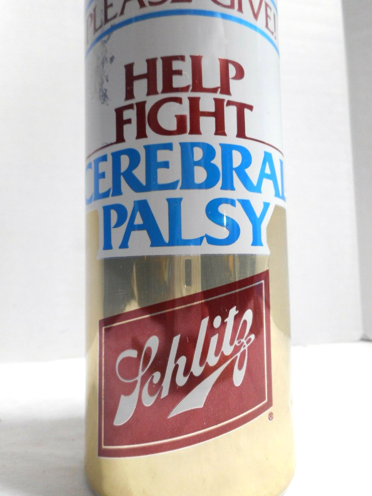 16oz SCHLITZ Beer Cerebral Palsy Metal Contribution Coin Bank Fundraiser 6 1/4″