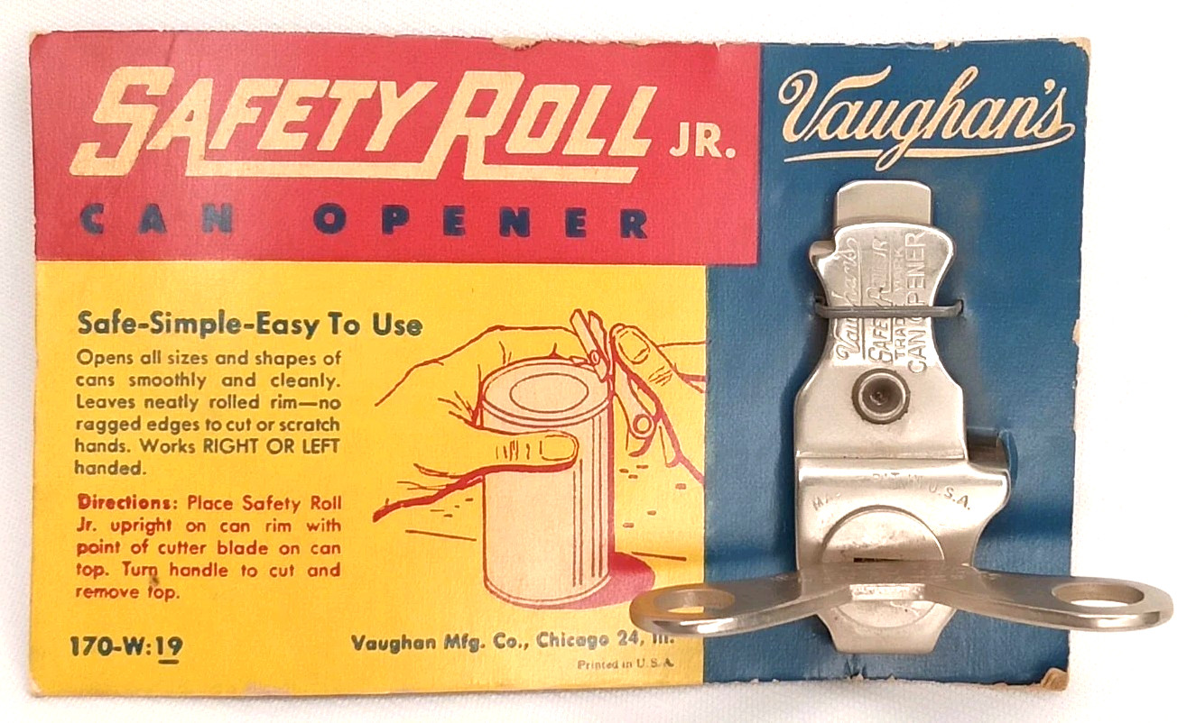 Antique 1940s Advertising Can Opener On Store Display Vaughan’s Safety Roll Jr