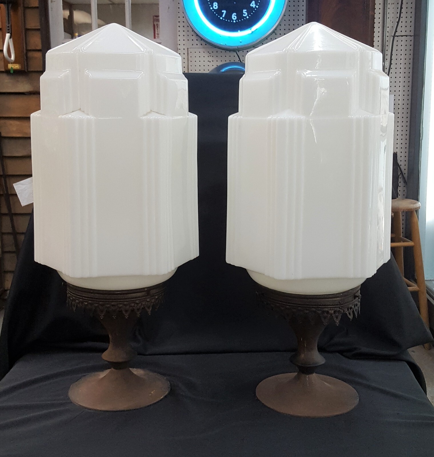 Pair of Antique Art Deco Glass & Brass Drug Store / Fountain Counter Displays