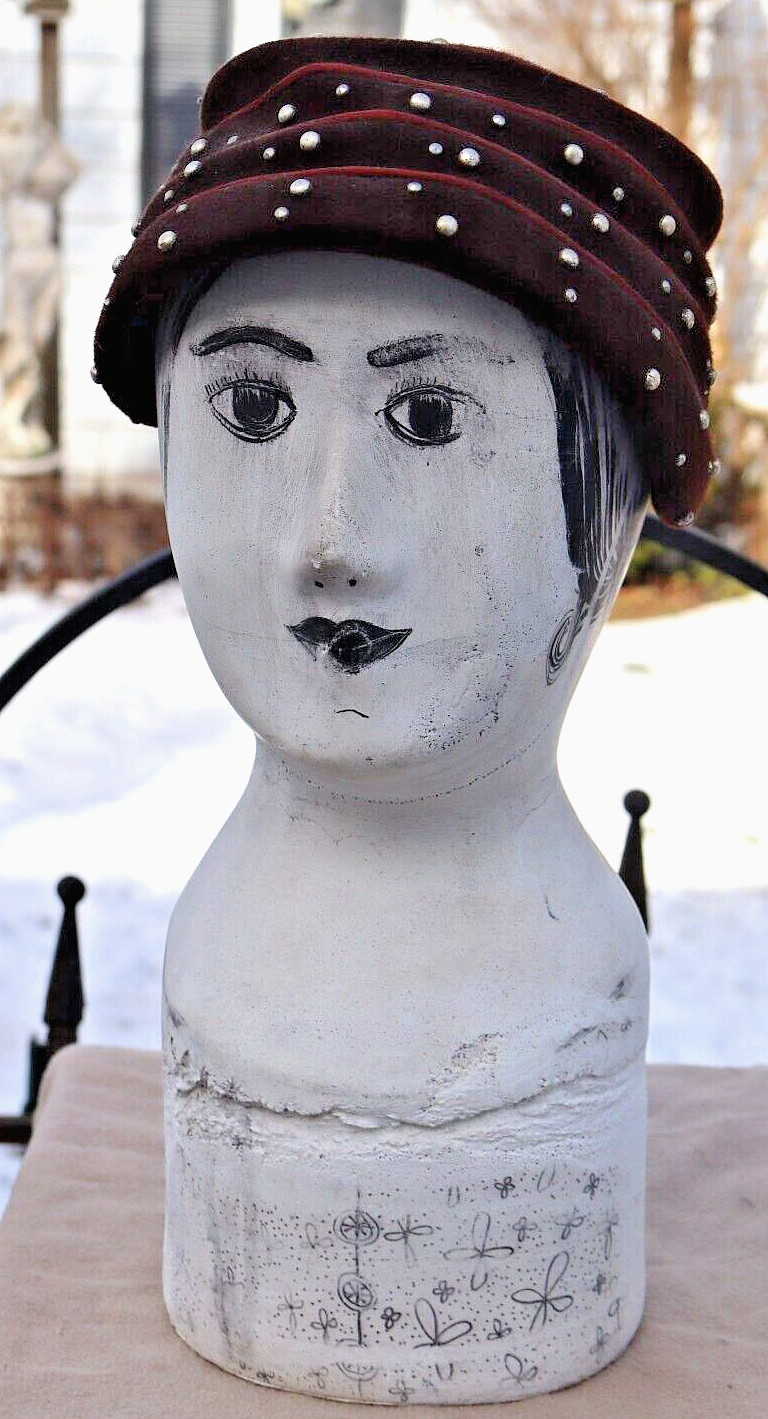 ANTIQUE HAND PAINTED MILLINERY HEAD Plaster Store Display Primitive Hat Mannequi