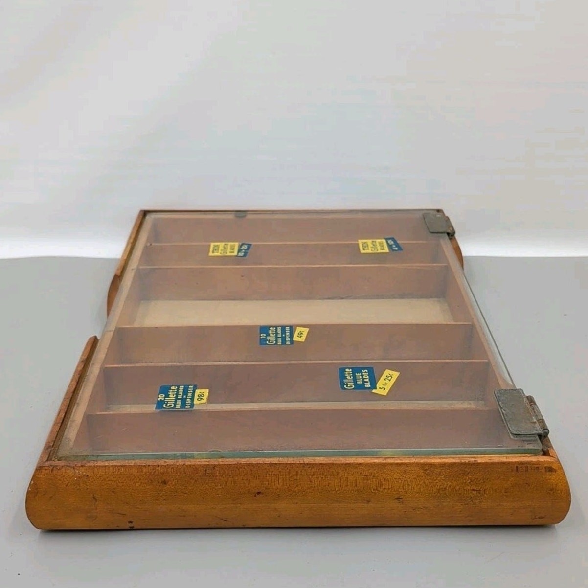 Gillette Razor Blades Wooden Store Counter Top Display Case Glass Top 1940’s