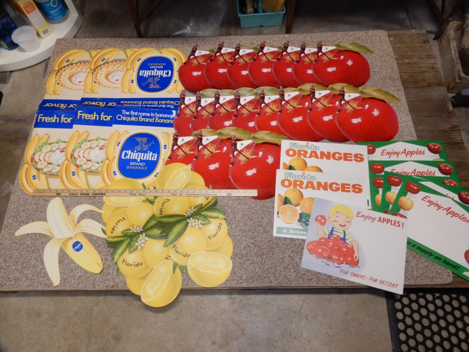 VINTAGE ADVERTISING GENERAL STORE APPLES BANANAS ORANGES SIGNS CA. 1970