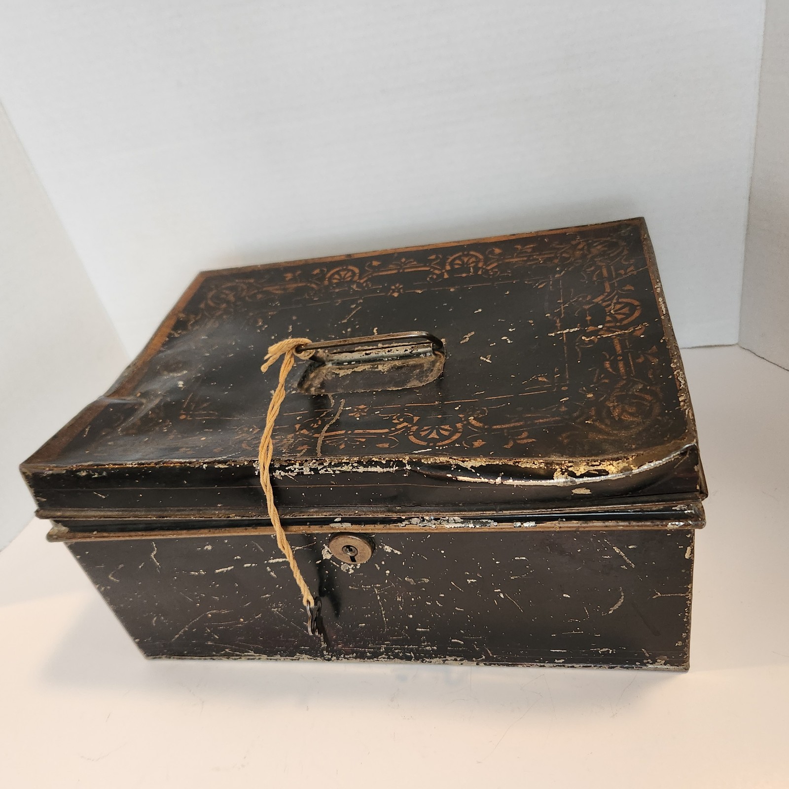 Antique Safe Metal Cash Money Box Black Locking w/Key Gold Scrollwork Distressed