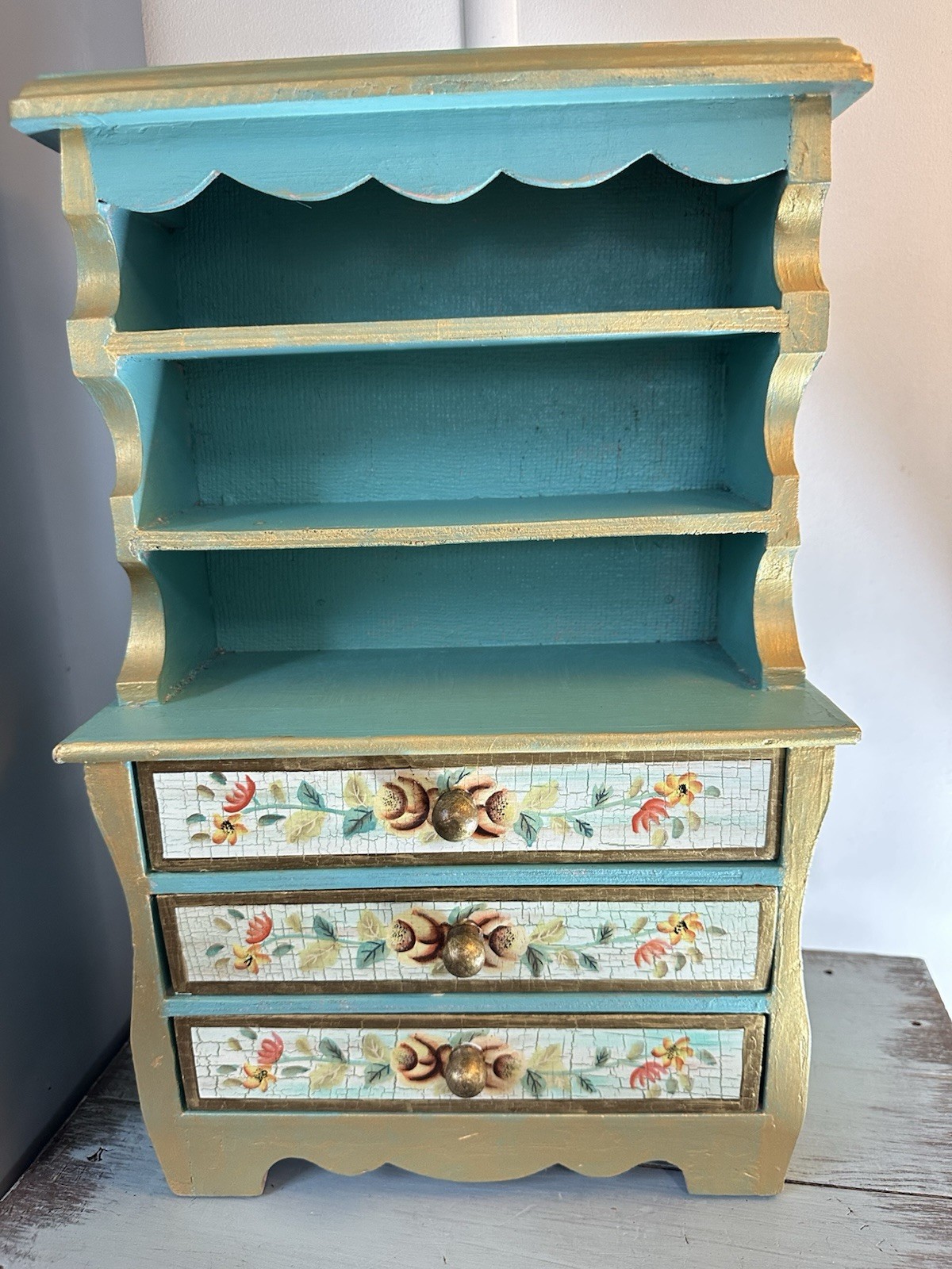 Salesman’s Sample Wood Hutch Buffet Doll Furniture Drawers Crackle Flowers 16”