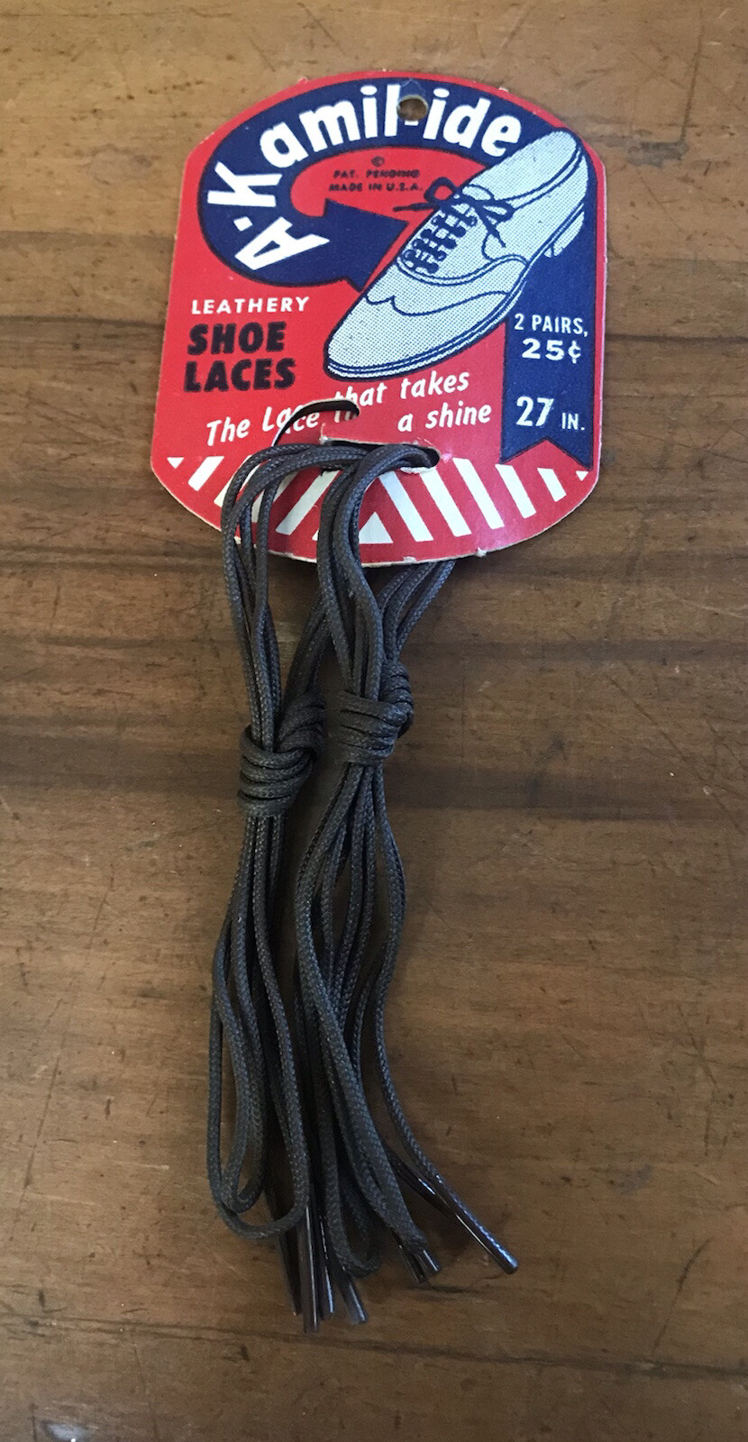 Vintage Original 1940s A-Kamil-ide Shoe Lace Display Card w/Brown Laces NOS
