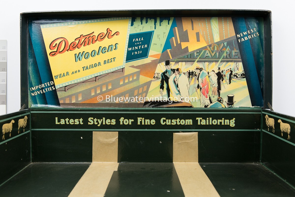 1931 Detmer Woolen Salesman Sample Fabric Display Box Amazing Deco Graphics EX!
