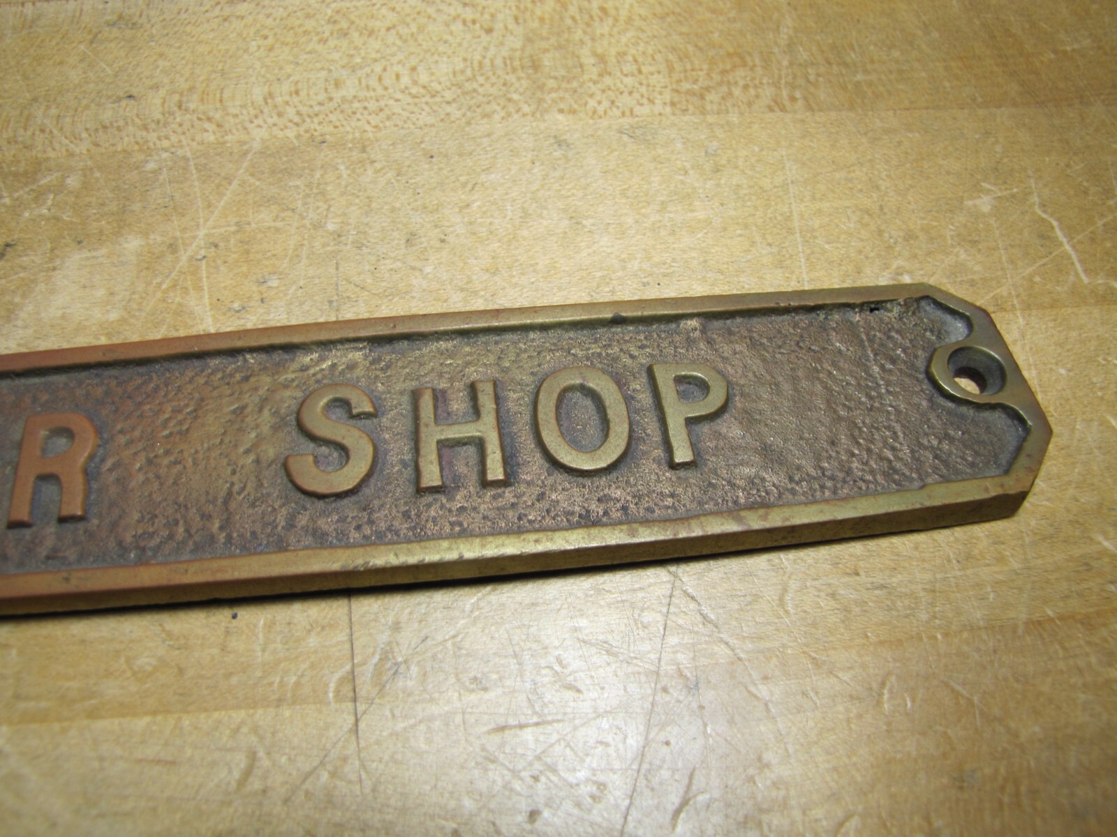 BARBER SHOP Old Embossed Store Display Advertising Sign Bronze Brass Patina