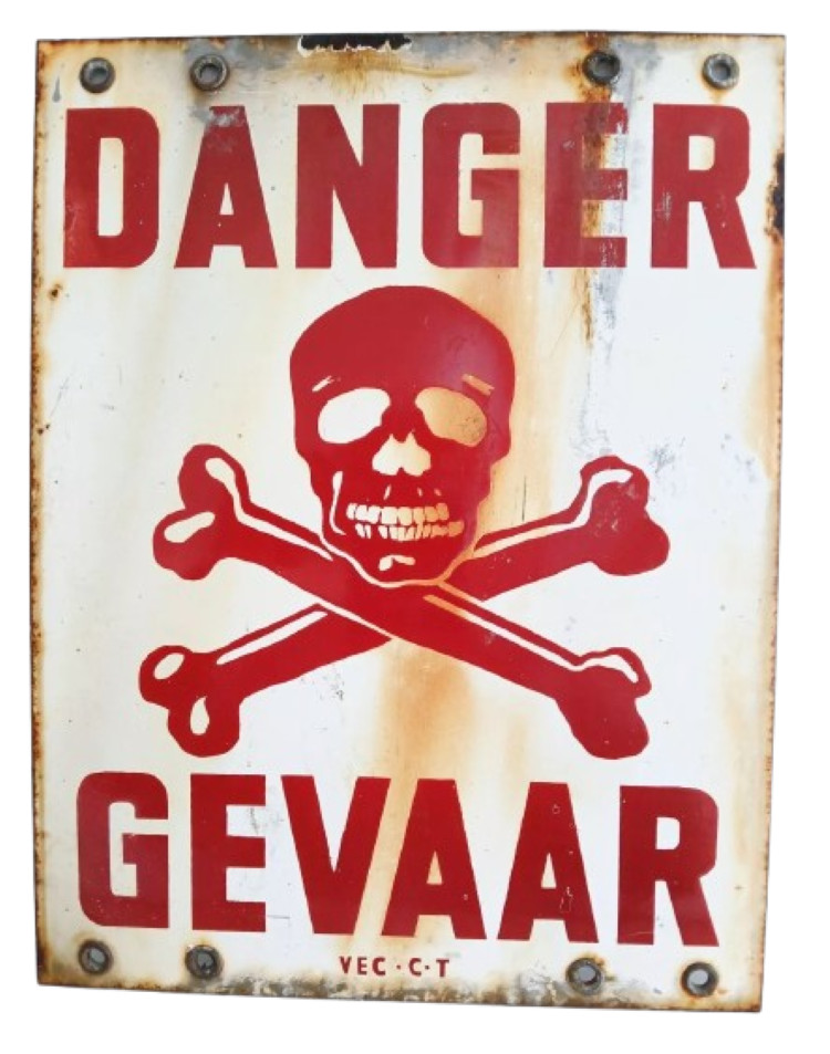ENGLISH SIGN DANGER DANGER SIGN metal and porcelain enameled 1950s with skull