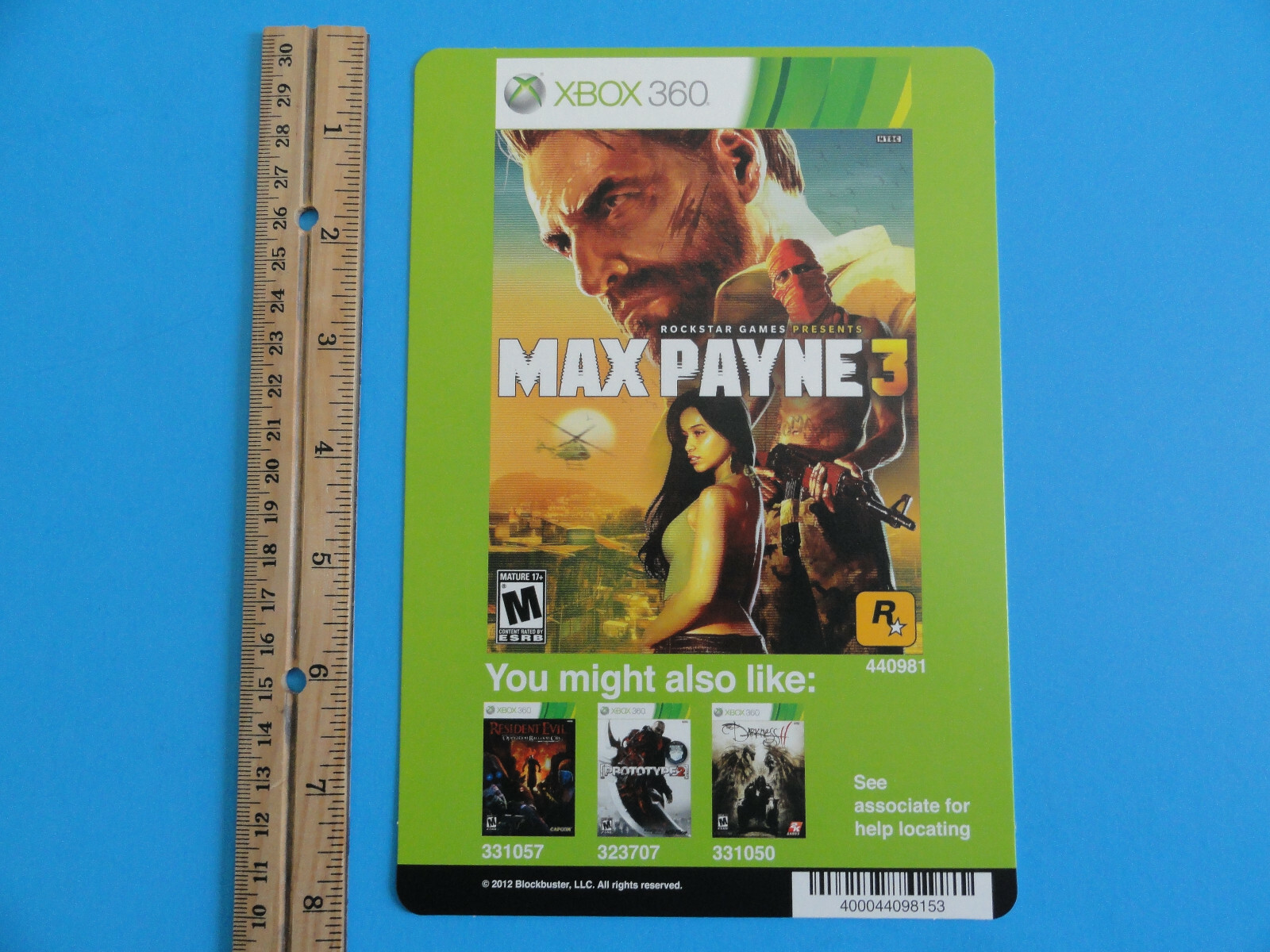 XBOX 360 MAX PAYNE 3 BLOCKBUSTER VIDEO BACKER CARD 5″X8″ NO GAME
