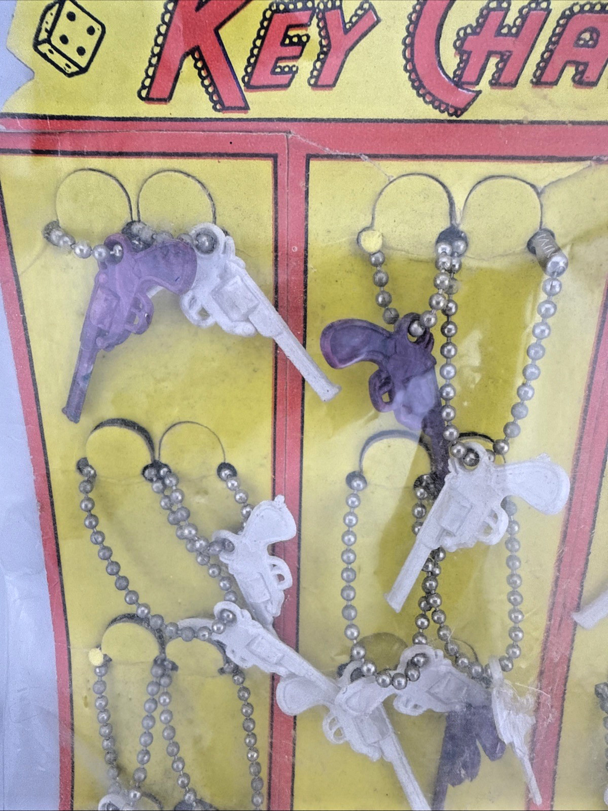 Vtg Lucky Charm Key Chain Plastic White Brown Pistol Guns Original Display of 24