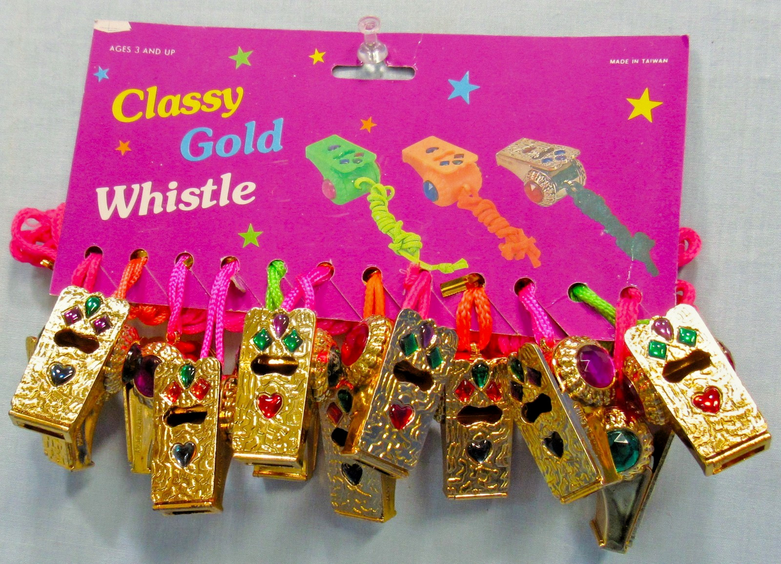Whistles ~ Store Display Card Full of Whistles ~ Gold ~ Jeweled & Tethered ~ NOS