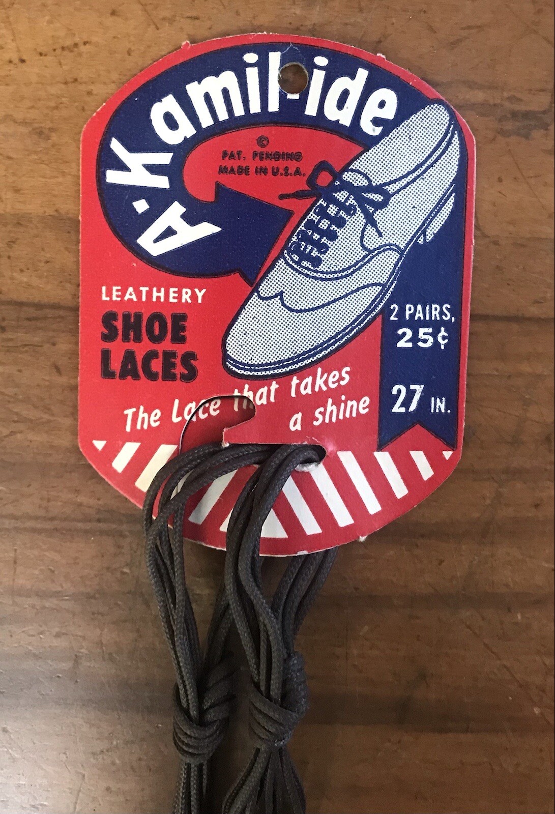 Vintage Original 1940s A-Kamil-ide Shoe Lace Display Card w/Brown Laces NOS