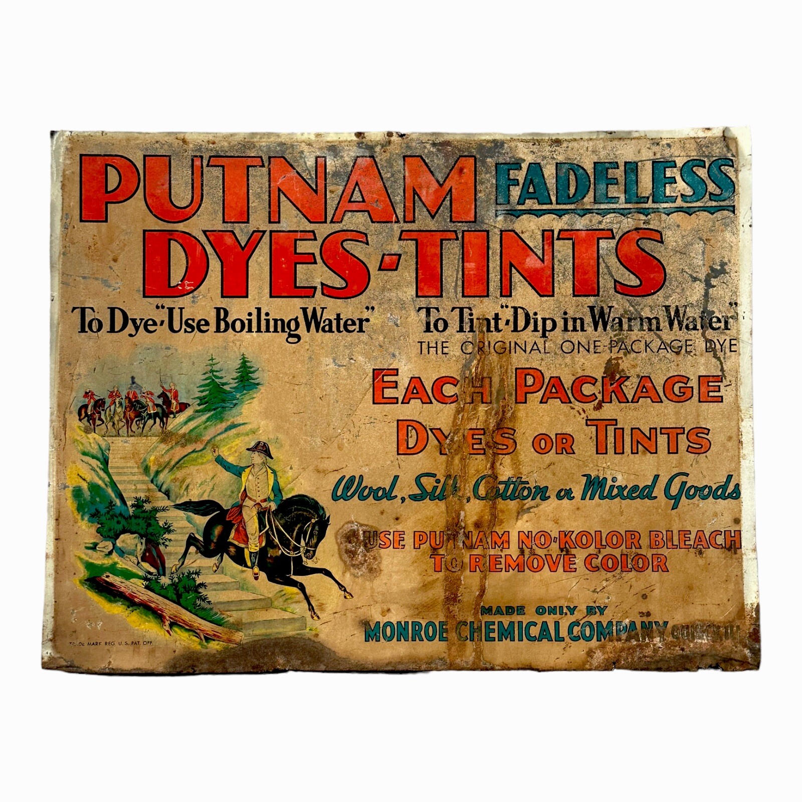 AUTHENTIC Putnam Dyes Tints 1930’s Tin Sign 18.5” X 14.5” From Countertop Disp