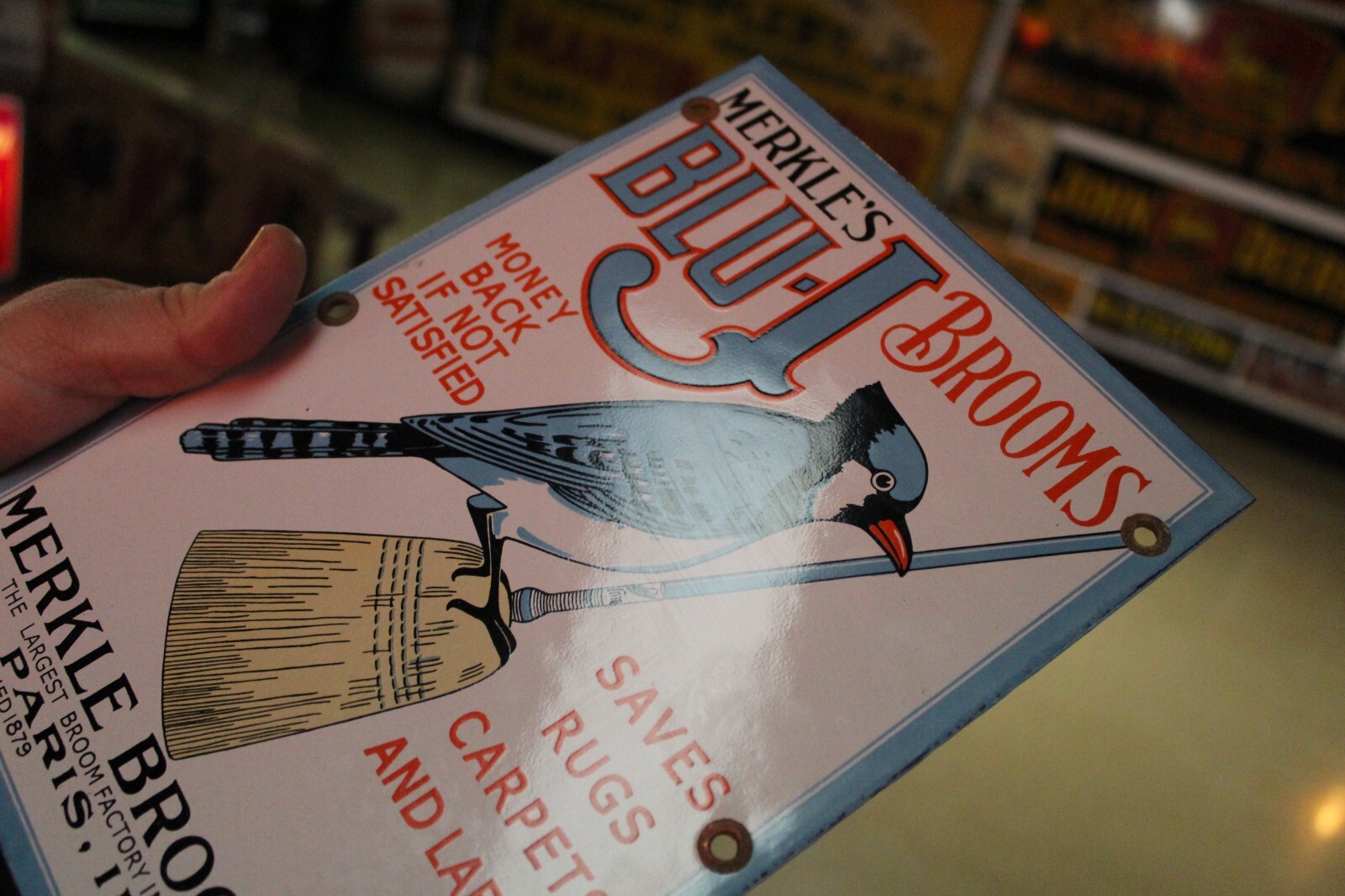 RARE MERKLE BLU-J BROOM DEALER PORCELAIN METAL SIGN BIRD CLEANING HARDWARE STORE
