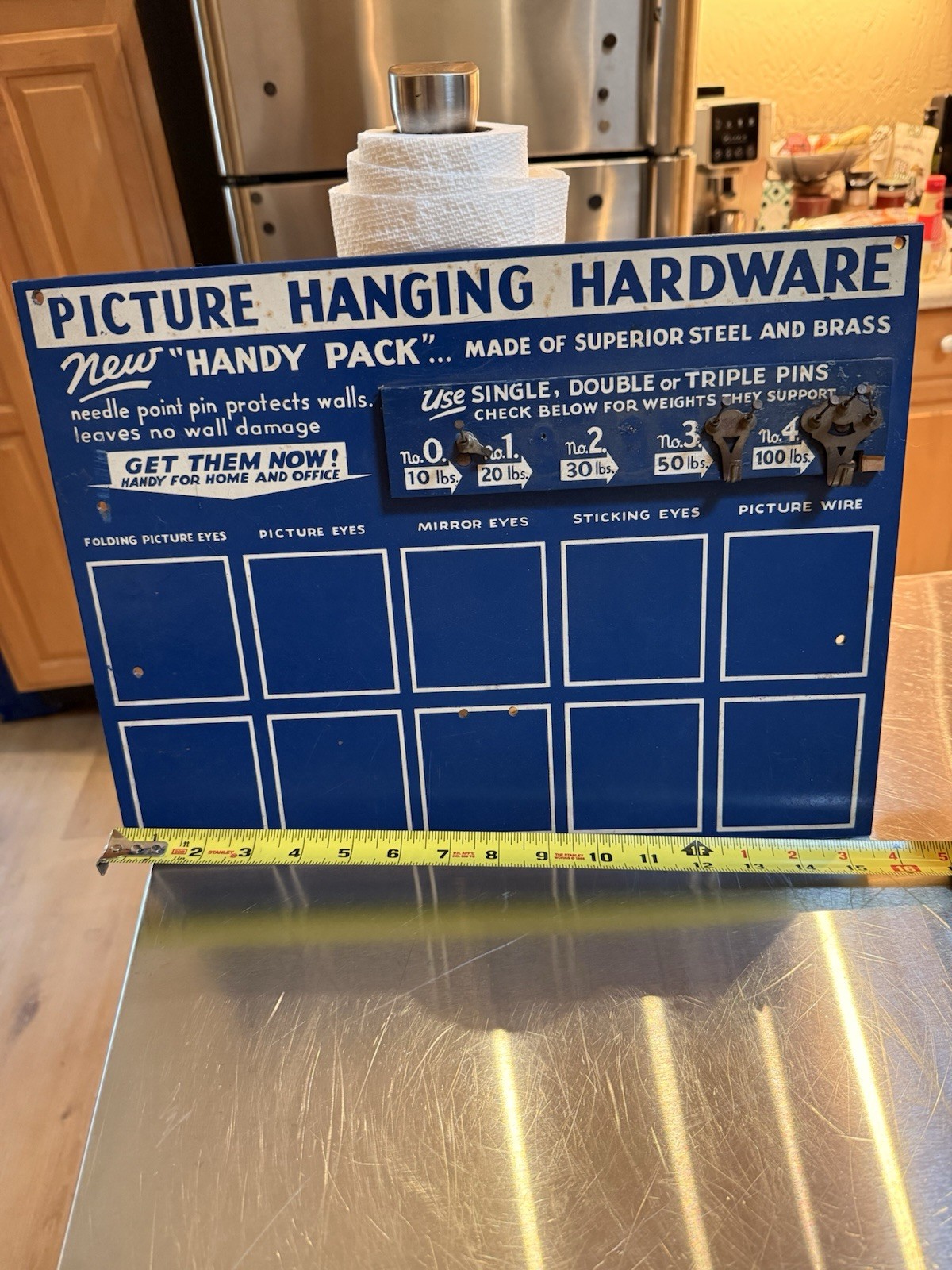 Vintage Picture Hanging Hardware Store Display Board Sign, Blue & White