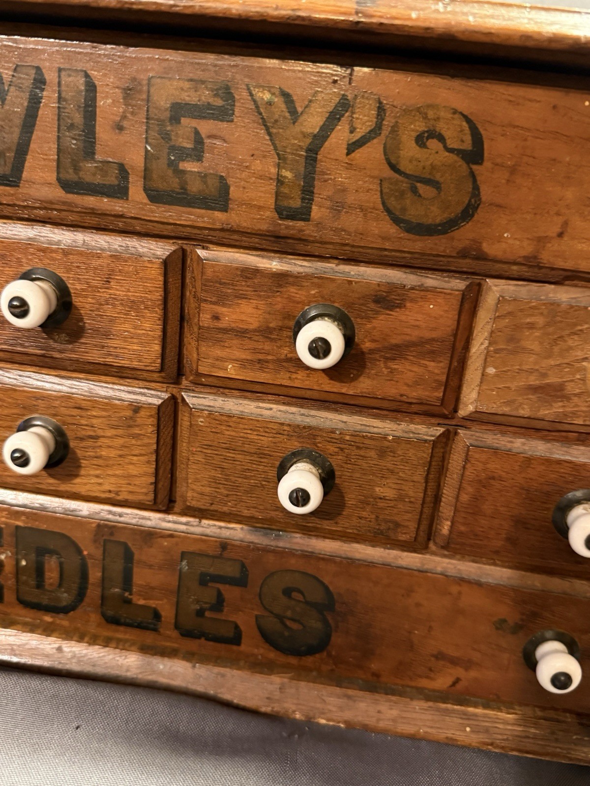 Antique Crowley’s Needles Advertising Display Multi Drawer Cabinet general store