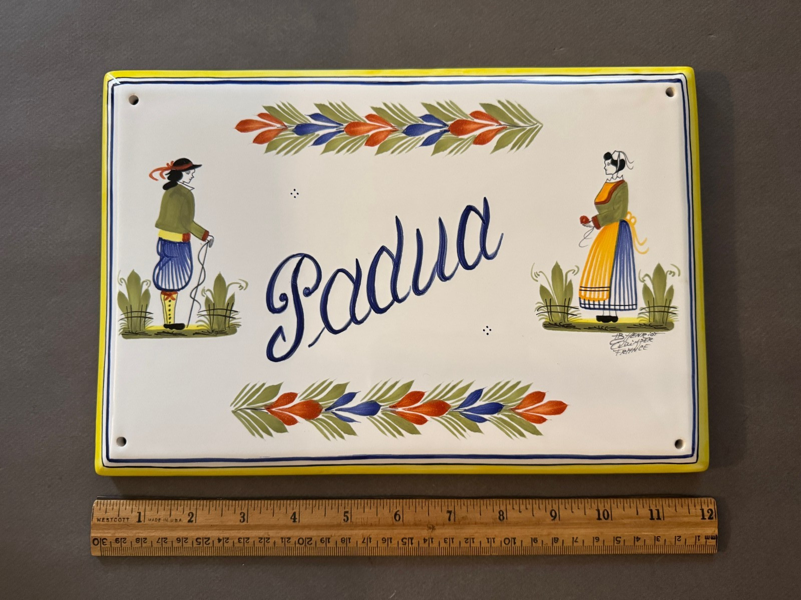 PADUA STORE SIGN QUIMPER BRETON MAN & WOMAN YELLOW BORDER HAND PAINTED SIGN