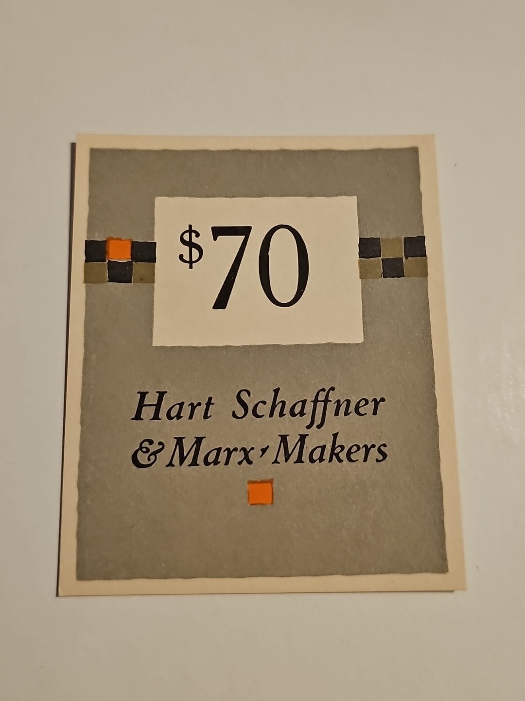 Vintage Hart Schaffner & Marx Makers $70 Price Tag Ticket