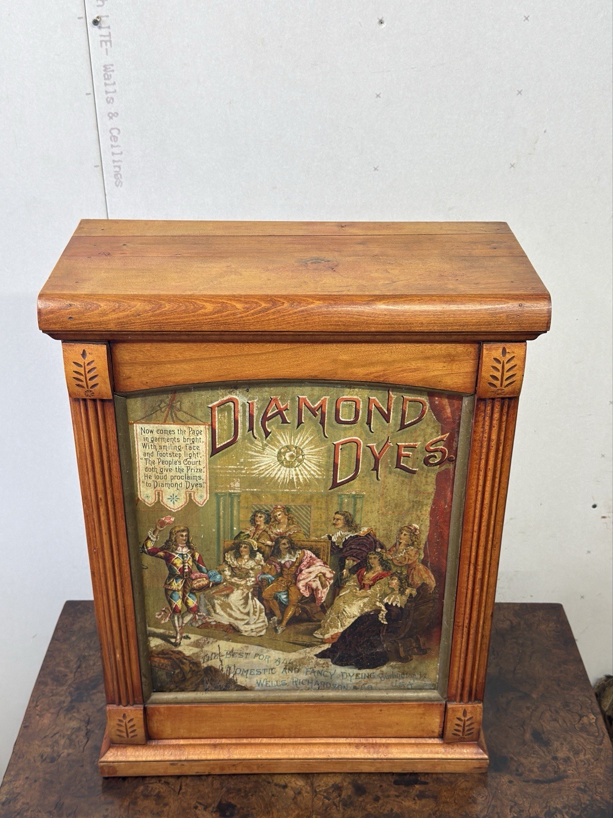 Diamond Dyes Display Cabinet – Antique Tin Litho country Store rare jester