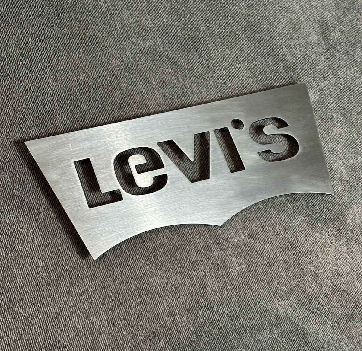 Levi’s Batwing Logo Store Display Wall Sign Brushed Metal Cutout Rare 16” x 7”
