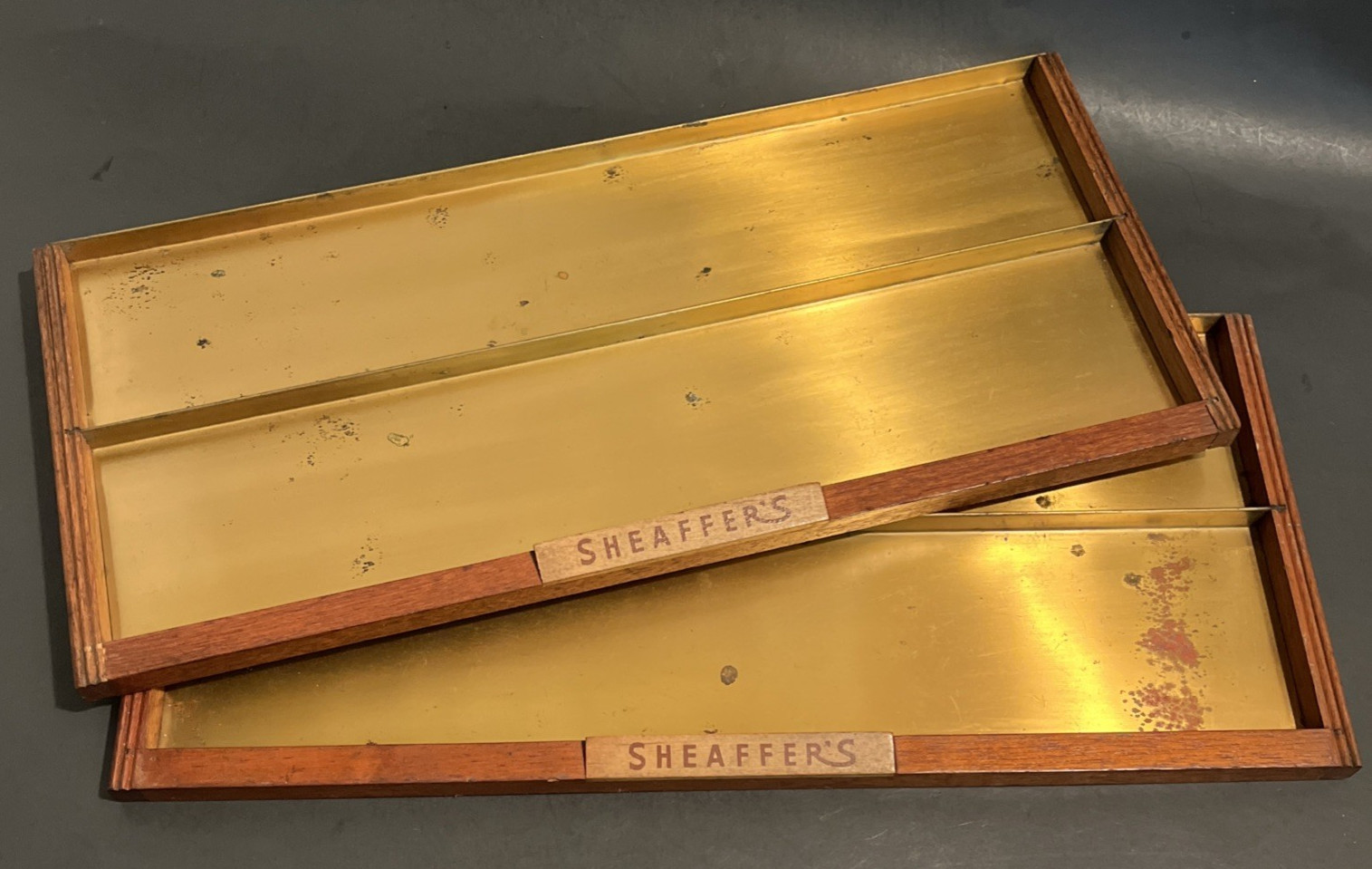 Vintage Sheafer’s Display Trays lot of 2 Wood Metal, as is, rough shape