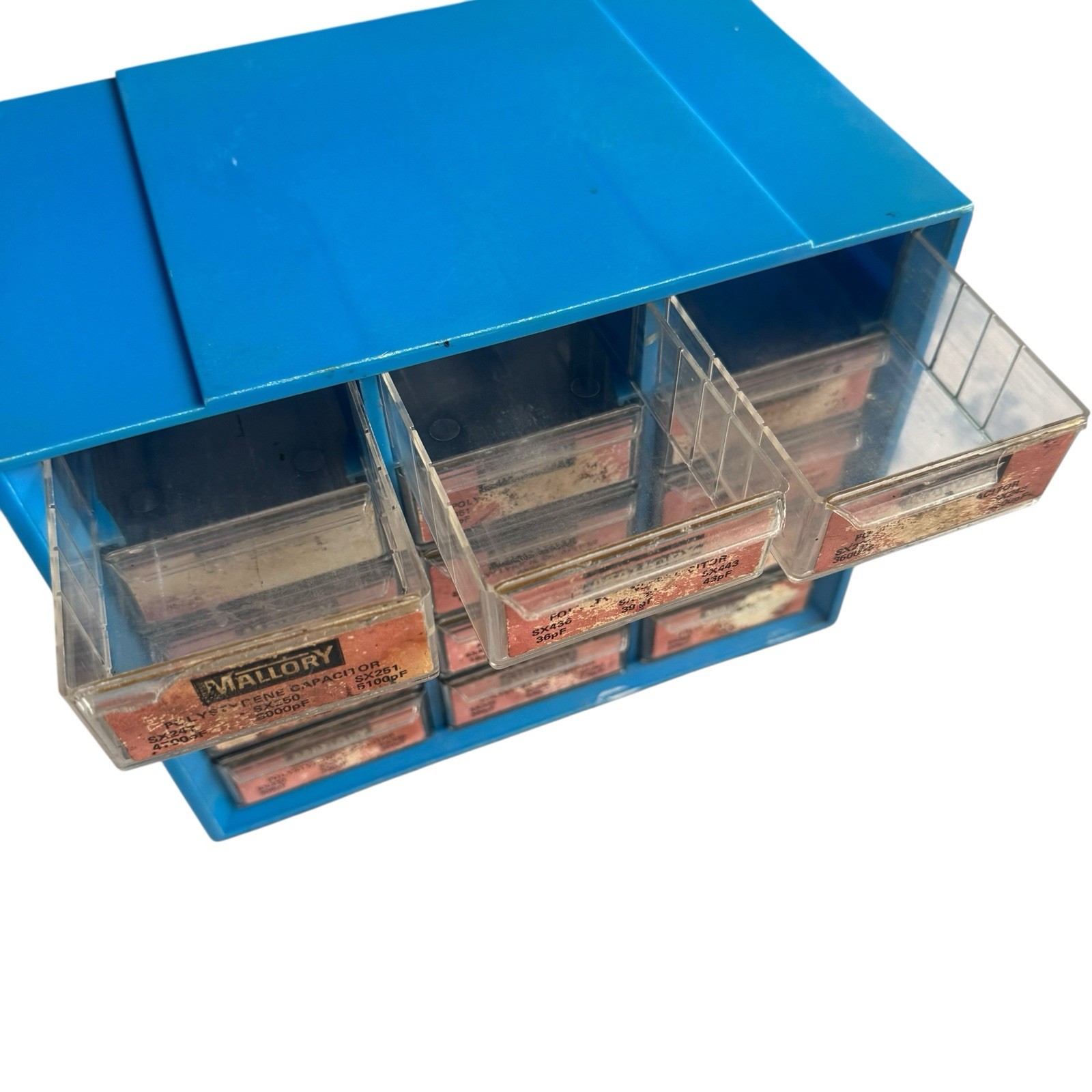 Vtg Mallory Electrical Capacitor Blue Multi Drawer Storage Cabinet Drawers USED