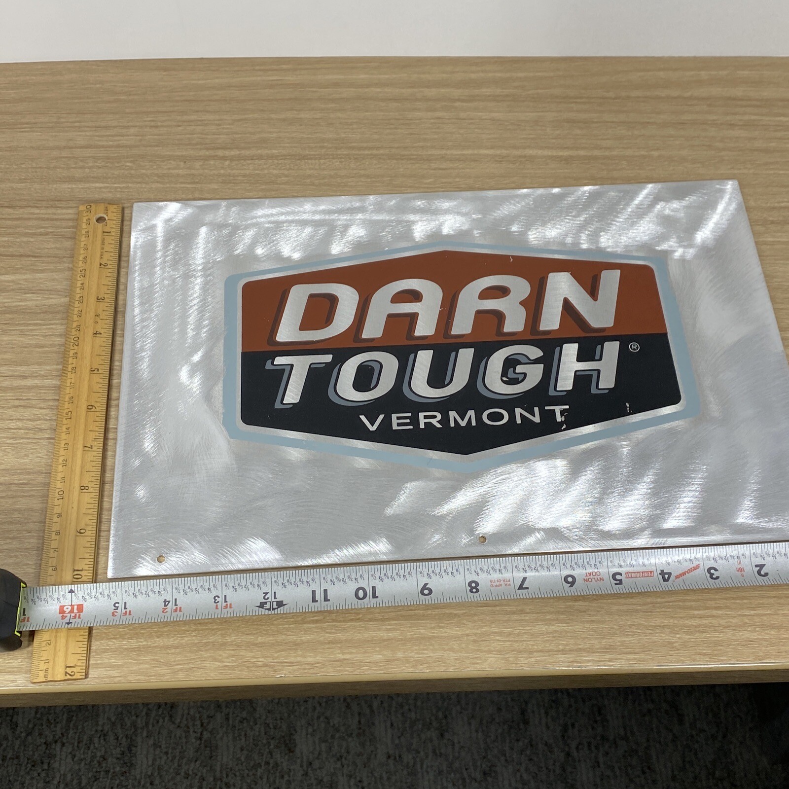 Vintage DARN TOUGH Retired Stainless Steel Advertisement Display Sign 16×10”