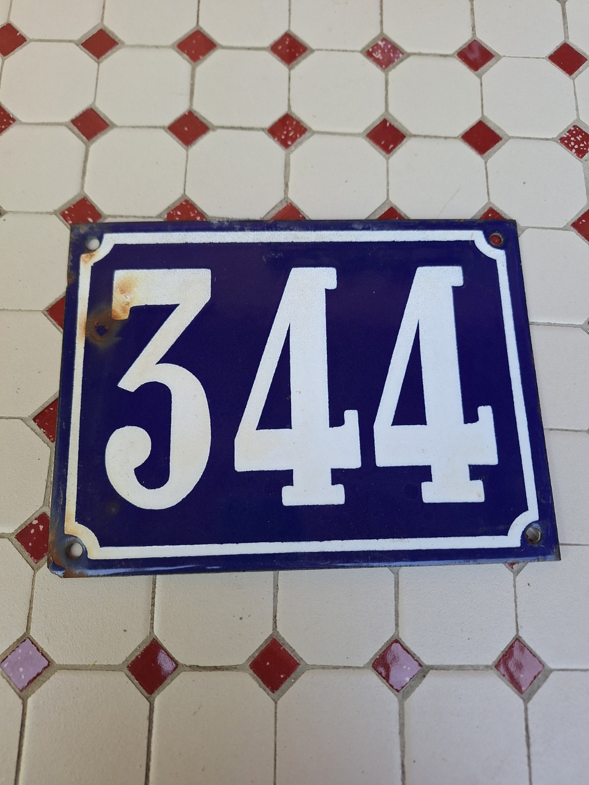 Large Antique Enameled Plaque Street Number 344 20X15cm Navy Blue Enamel