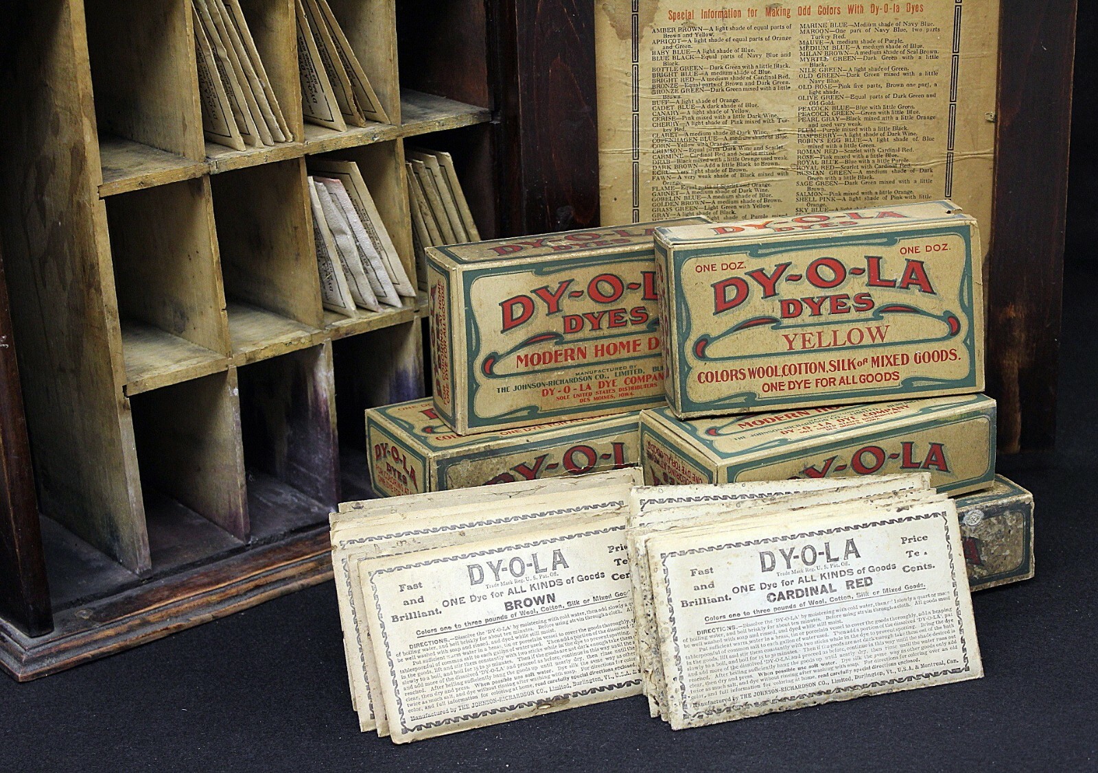 DY-O-LA Dye Store Display Case & 73 Packets Of Dye, Various Colors, c. 1890-1910