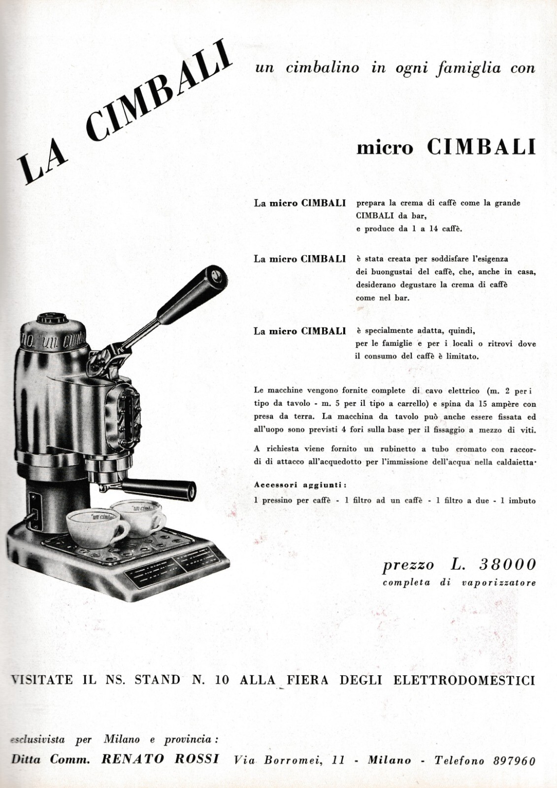 PUBBL.1954 MACCHINA CAFFE’ ESPRESSO MICRO CIMBALI CARATTERISTICHE TECNICHE BAR