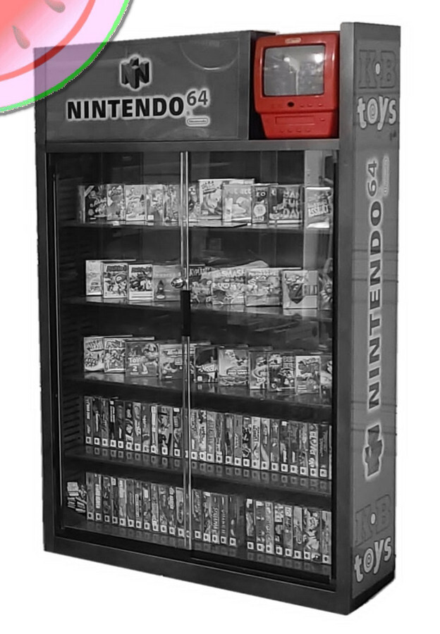Nintendo 64 STORE DISPLAY 9″ RED TV CRT off KB Toy Kiosk Sign Shelf Demo Cabinet