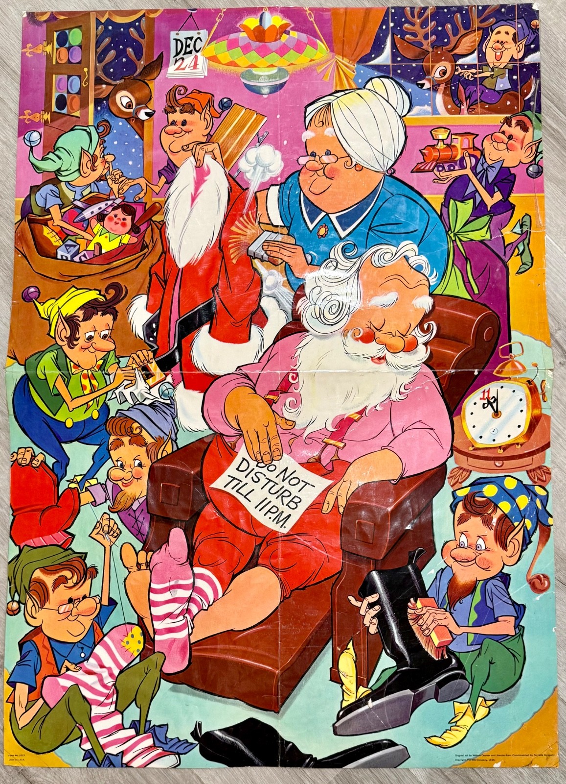 Original 1965 Pet Milk Christmas Store Display Poster Santa Elves 34.75” USA